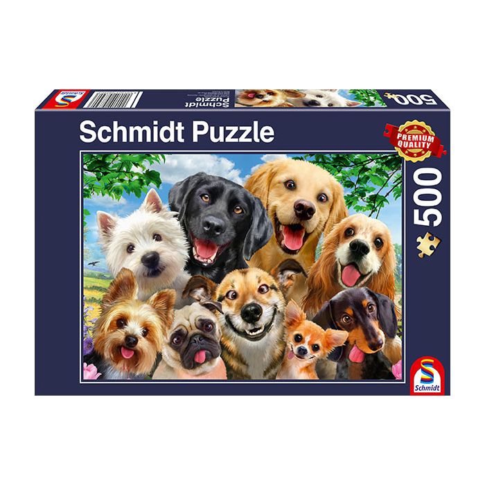 Vorderseite der Verpackung vom Artikel 58390, Hunde-Selfie, 500 Teile Puzzle