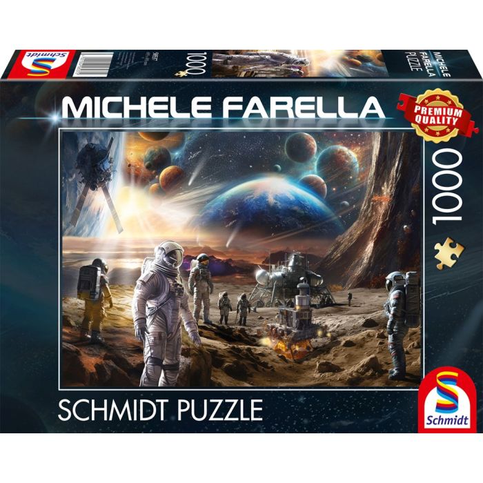 Vorderseite der Verpackung vom Artikel 58537, Michele Farella: Unendliche Welten: Raumfahrtmissionen, 1.000 Teile Puzzle Vorderseite der Verpackung vom Artikel 58537, Michele Farella: Unendliche Welten: Raumfahrtmissionen, 1.000 Teile Puzzle