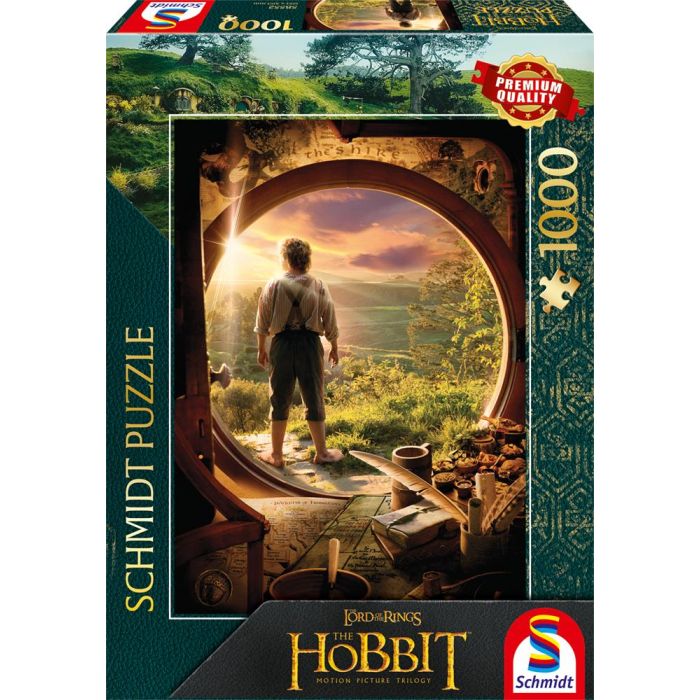 Vorderseite der Verpackung vom Artikel 58552, The Hobbit - Leaving Bag End, 1.000 Teile Puzzle Vorderseite der Verpackung vom Artikel 58552, The Hobbit - Leaving Bag End, 1.000 Teile Puzzle