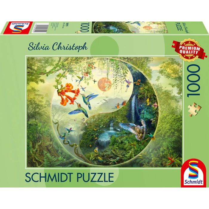 Vorderseite der Verpackung vom Artikel 58595, Silvia Christoph: Yin & Yang Im Wald der Kolibris, 1.000 Teile Puzzle Vorderseite der Verpackung vom Artikel 58595, Silvia Christoph: Yin & Yang Im Wald der Kolibris, 1.000 Teile Puzzle