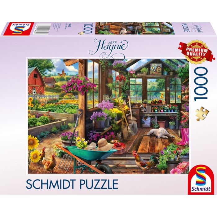 Vorderseite der Verpackung vom Artikel 58632, Jeff Haynie: Gartenhaus Abri de jardin, 1.000 Teile Puzzle
