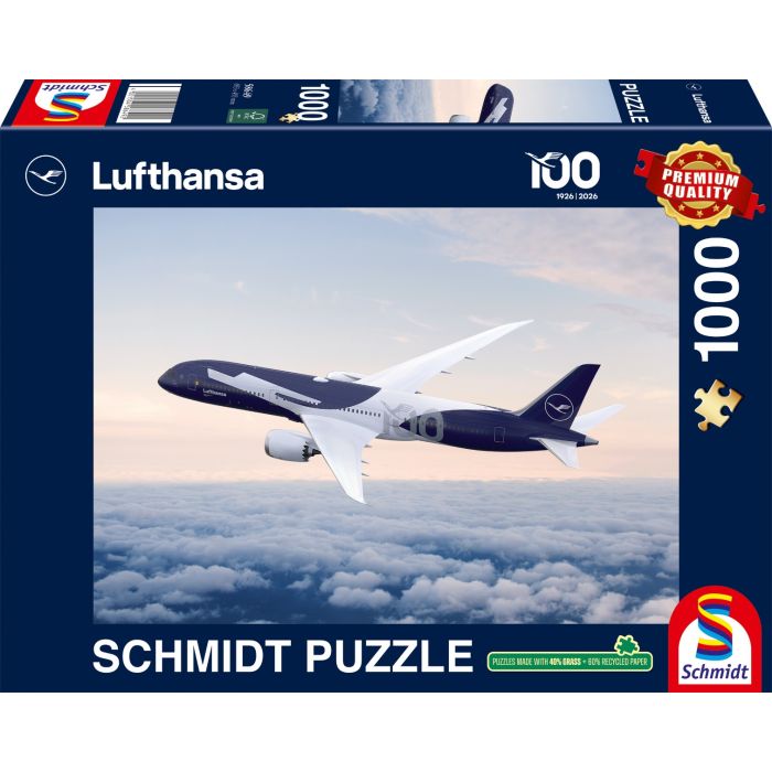 Vorderseite der Verpackung vom Artikel 58649, 100 Jahre Lufthansa - Boeing 787-9 Sonderlackierung zum Jubiläum, 1.000 Teile Puzzle Vorderseite der Verpackung vom Artikel 58649, 100 Jahre Lufthansa - Boeing 787-9 Sonderlackierung zum Jubiläum, 1.000 Teile Puzzle