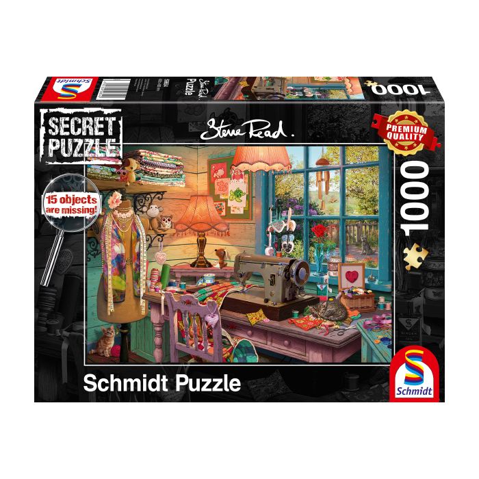 Vorderseite der Verpackung vom Artikel 59654, Steve Read: Secret Puzzles - Im Nähzimmer, 1.000 Teile Puzzle Vorderseite der Verpackung vom Artikel 59654, Steve Read: Secret Puzzles - Im Nähzimmer, 1.000 Teile Puzzle