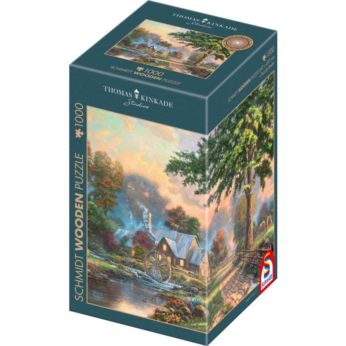 Verpackungsvorderseite aus einem anderen Blickwinkel vom Artikel 59797, Thomas Kinkade Studios: Am alten Mühlenbach, 1.000 Teile Holzpuzzle Verpackungsvorderseite aus einem anderen Blickwinkel vom Artikel 59797, Thomas Kinkade Studios: Am alten Mühlenbach, 1.000 Teile Holzpuzzle