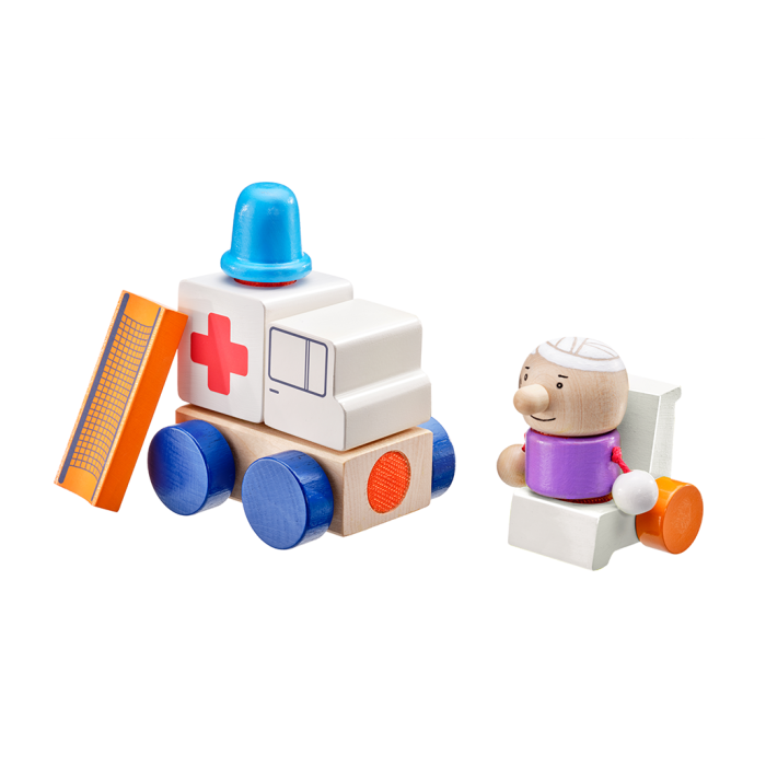 Spielmaterial vom Artikel 62081, Klettini® Krankenwagen, Klett-Stapelspielzeug aus Holz, 7 Teile Spielmaterial vom Artikel 62081, Klettini® Krankenwagen, Klett-Stapelspielzeug aus Holz, 7 Teile