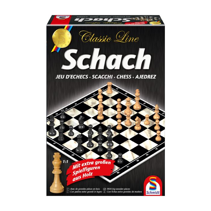 Verpackungsvorderseite aus einem anderen Blickwinkel vom Artikel 49082, Schach mit extra großen Spielfiguren, Classic Line, Familienspiel Verpackungsvorderseite aus einem anderen Blickwinkel vom Artikel 49082, Schach mit extra großen Spielfiguren, Classic Line, Familienspiel