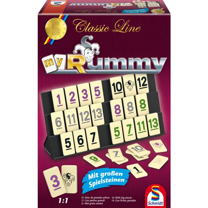 Vorderseite der Verpackung vom Artikel 49282, MyRummy® mit großen Spielfiguren, Classic Line, Familienspiel Vorderseite der Verpackung vom Artikel 49282, MyRummy® mit großen Spielfiguren, Classic Line, Familienspiel