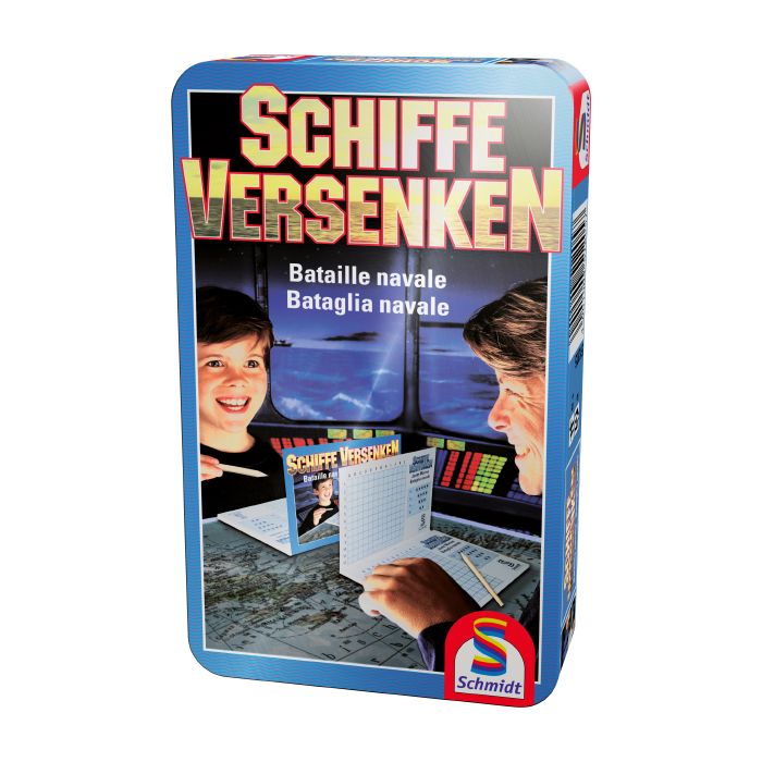 Verpackungsvorderseite aus einem anderen Blickwinkel vom Artikel 51205, Schiffe versenken, Reisespiel, Reisespiel in der Metalldose Verpackungsvorderseite aus einem anderen Blickwinkel vom Artikel 51205, Schiffe versenken, Reisespiel, Reisespiel in der Metalldose
