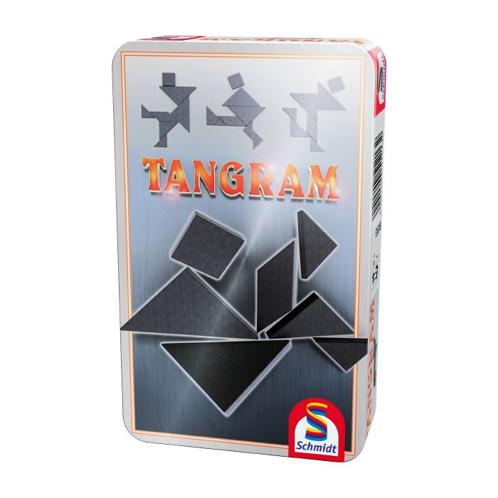 Verpackungsvorderseite aus einem anderen Blickwinkel vom Artikel 51213, Tangram, Reisespiel in der Metalldose