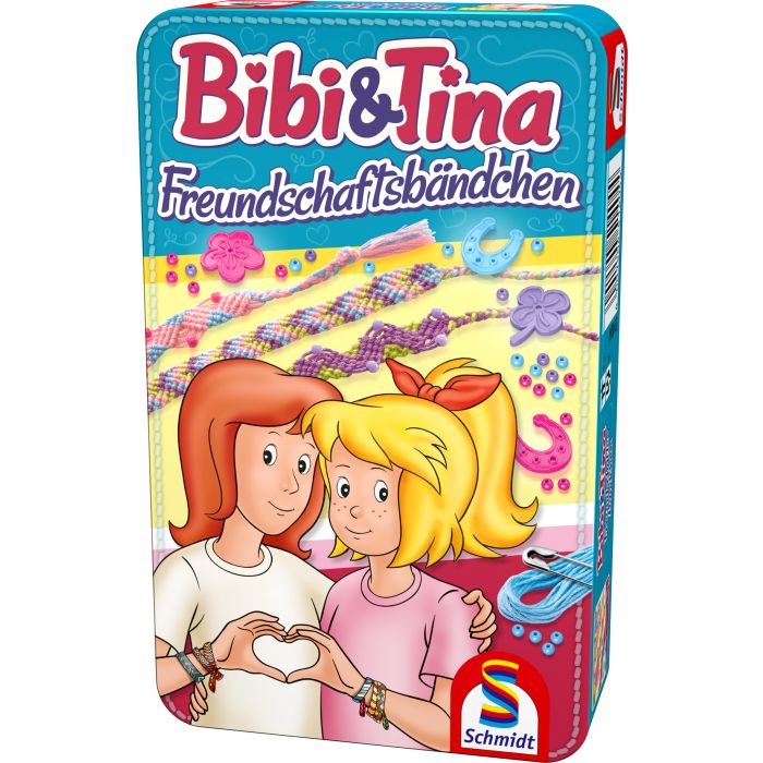 Vorderseite der Verpackung vom Artikel 51404, Bibi & Tina: Freundschaftsbändchen, Reisespiel in der Metalldose