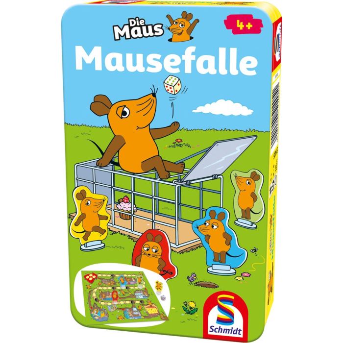 Vorderseite der Verpackung vom Artikel 51405, Die Maus: Mausefalle, Reisespiel in der Metalldose