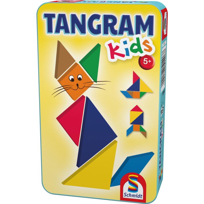 Vorderseite der Verpackung vom Artikel 51406, Tangram Kids, Reisespiel in der Metalldose