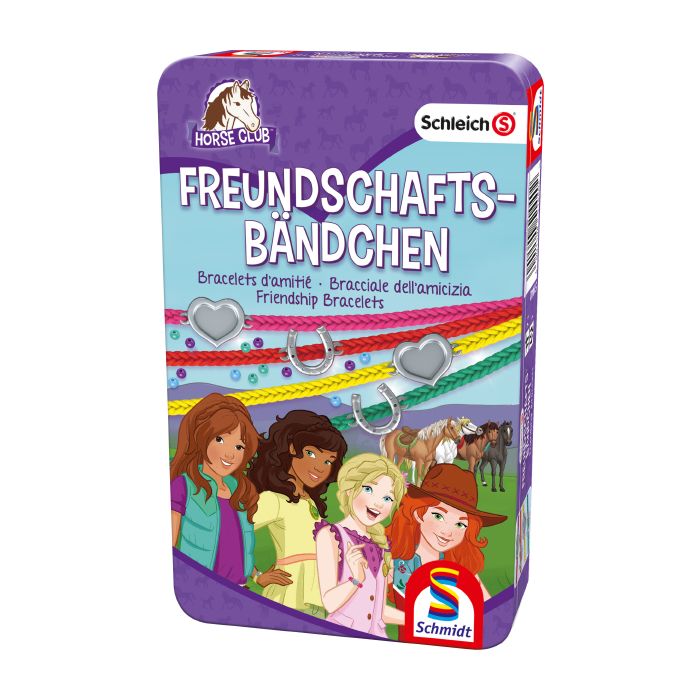 Vorderseite der Verpackung vom Artikel 51440, Schleich ®: Horse Club - Freundschaftsbändchen, Reisespiel in der Metalldose Vorderseite der Verpackung vom Artikel 51440, Schleich ®: Horse Club - Freundschaftsbändchen, Reisespiel in der Metalldose