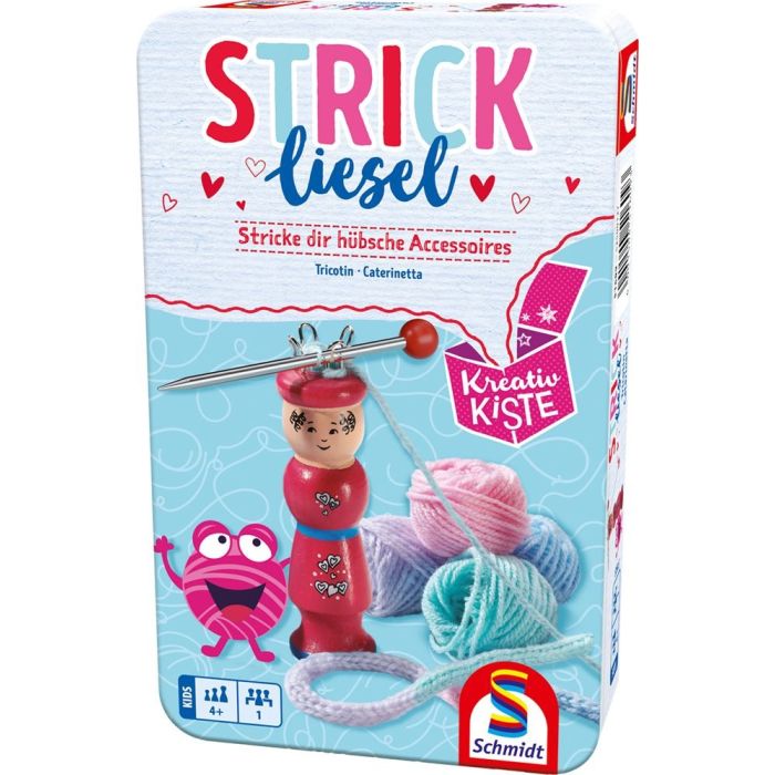 Vorderseite der Verpackung vom Artikel 51609, Kreativkiste - Strickliesel, Reisespiel in der Metalldose Vorderseite der Verpackung vom Artikel 51609, Kreativkiste - Strickliesel, Reisespiel in der Metalldose