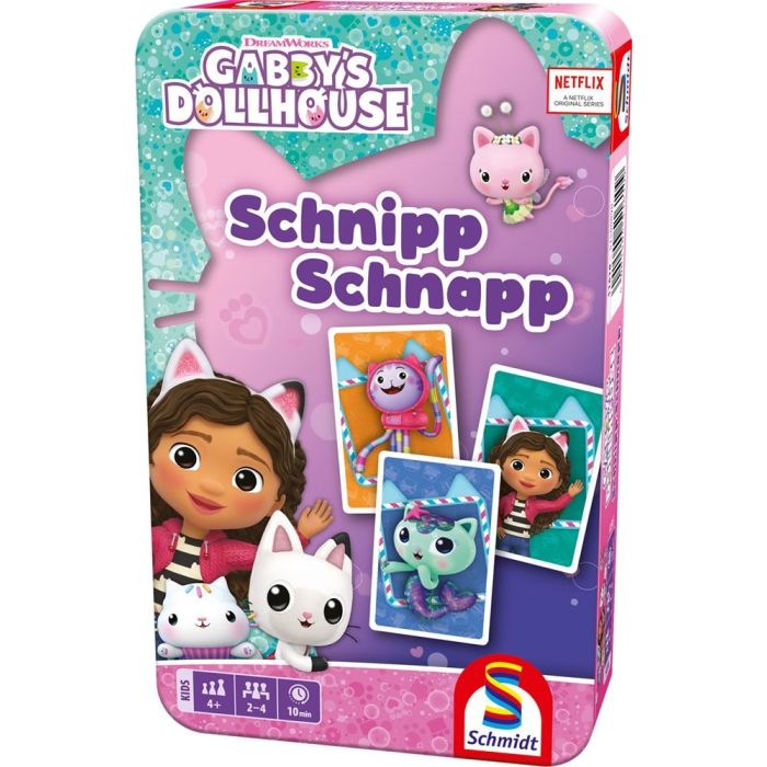 Vorderseite der Verpackung vom Artikel 51610, Gabby's Dollhouse: Schnipp Schnapp, Reisespiel in der Metalldose Vorderseite der Verpackung vom Artikel 51610, Gabby's Dollhouse: Schnipp Schnapp, Reisespiel in der Metalldose