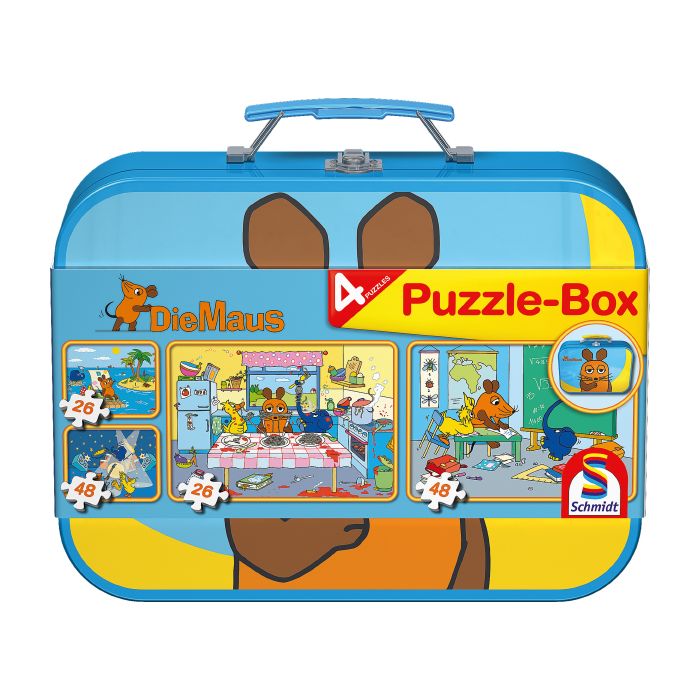 Verpackungsvorderseite aus einem anderen Blickwinkel vom Artikel 55597, Die Maus im Metallkoffer mit 4 Kinderpuzzles (2 x 26 und 2 x 48 Teile)