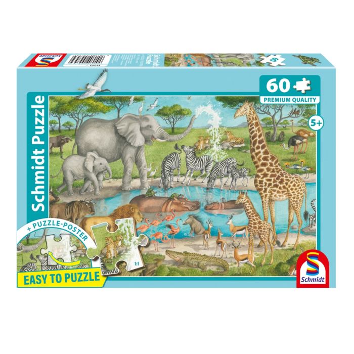 Verpackungsvorderseite aus einem anderen Blickwinkel vom Artikel 55753, Afrikas Tiere, 60 Teile Kinderpuzzle