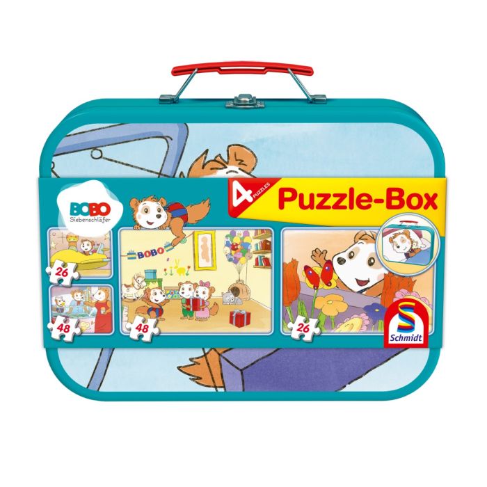 Verpackungsvorderseite aus einem anderen Blickwinkel vom Artikel 55892, Bobo Siebenschläfer: Puzzle-Box im Metallkoffer mit 4 Kinderpuzzles (2 x 26 und 2 x 48 Teile)