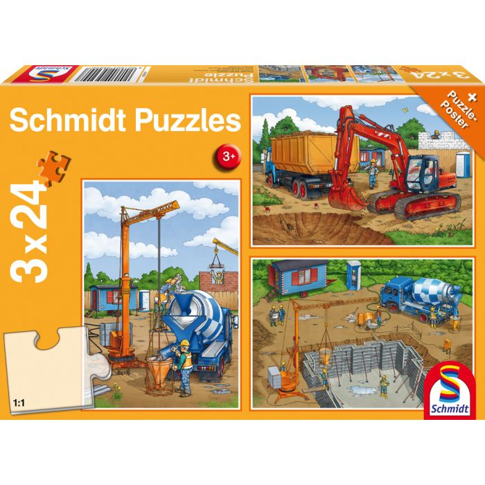 Vorderseite der Verpackung vom Artikel 56200, Auf der Baustelle, 3x24-teiliges Kinderpuzzle