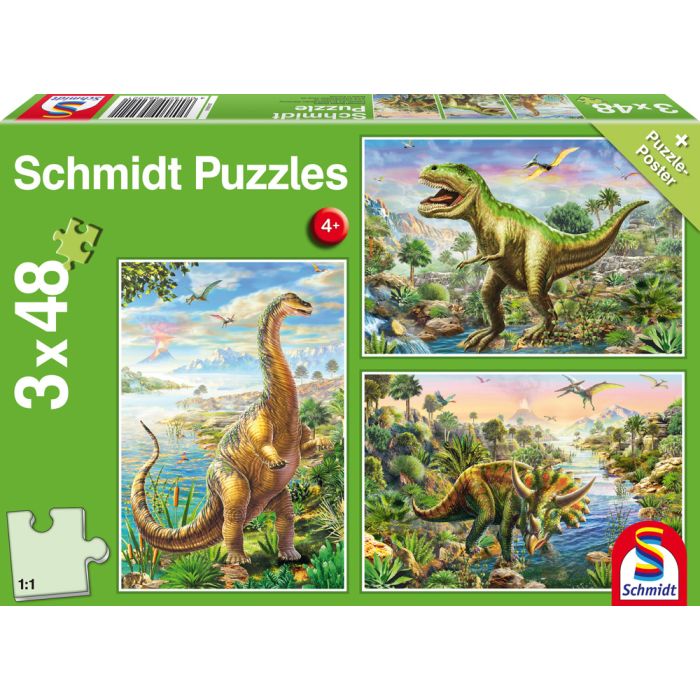 Vorderseite der Verpackung vom Artikel 56202, Abenteuer mit den Dinosauriern, 3x48-teiliges Kinderpuzzle Vorderseite der Verpackung vom Artikel 56202, Abenteuer mit den Dinosauriern, 3x48-teiliges Kinderpuzzle