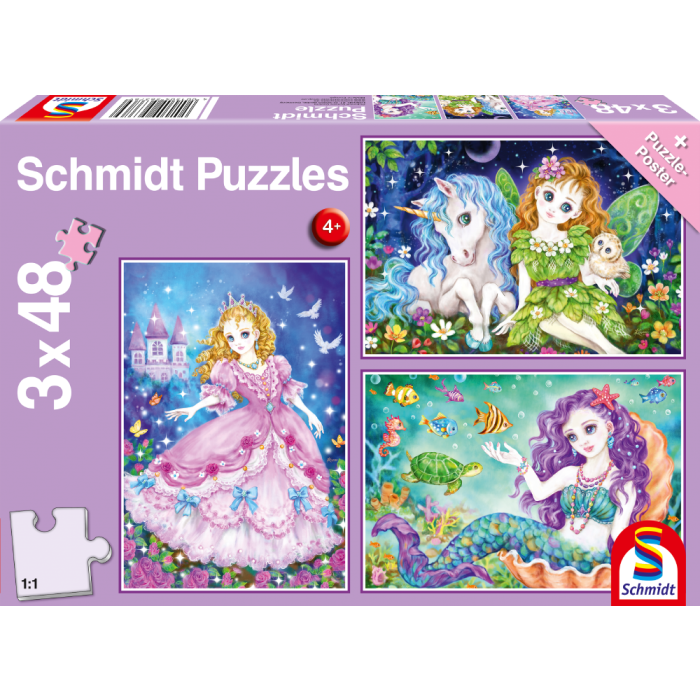 Vorderseite der Verpackung vom Artikel 56376, Prinzessin, Fee & Meerjungfrau, 3x48-teiliges Kinderpuzzle Vorderseite der Verpackung vom Artikel 56376, Prinzessin, Fee & Meerjungfrau, 3x48-teiliges Kinderpuzzle