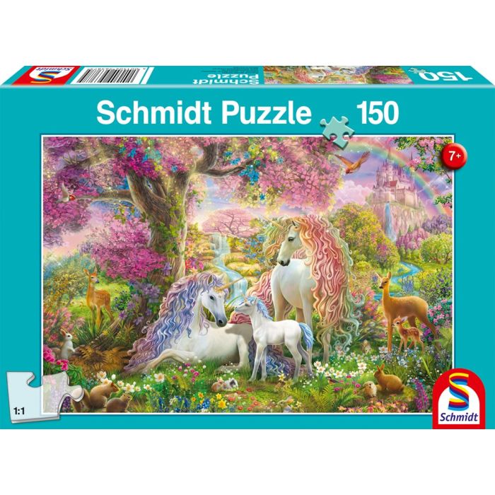 Vorderseite der Verpackung vom Artikel 56387, Einhornfamilie im Blütenwald, 150 Teile Kinderpuzzle