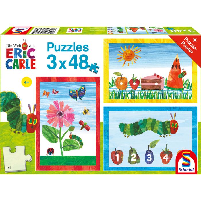 Vorderseite der Verpackung vom Artikel 56431, Die kleine Raupe Nimmersatt: Die Welt der kleinen Raupe Nimmersatt, 3x48 Teile Kinderpuzzle