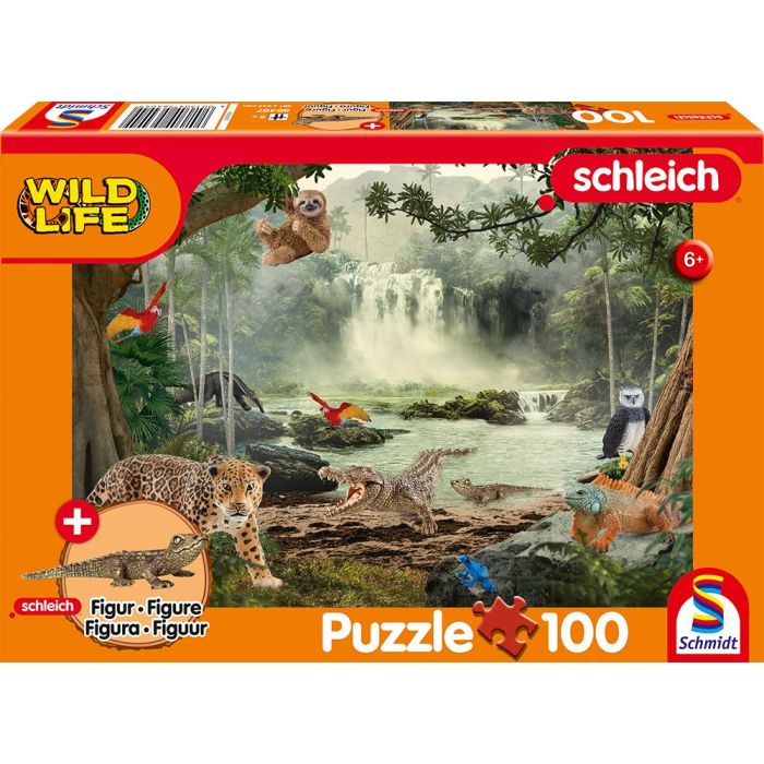 Vorderseite der Verpackung vom Artikel 56467, Schleich ®: Wild Life - Im Regenwald, 100 Teile Kinderpuzzle mit Add-on (eine Original Krokodil junges Figur)