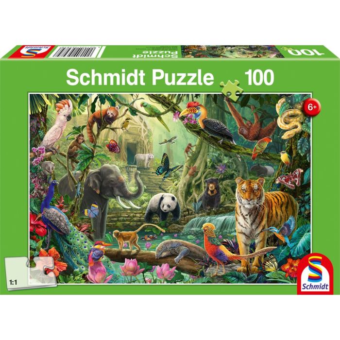 Vorderseite der Verpackung vom Artikel 56485, Bunte Tierwelt im Dschungel, 100 Teile Kinderpuzzle Vorderseite der Verpackung vom Artikel 56485, Bunte Tierwelt im Dschungel, 100 Teile Kinderpuzzle