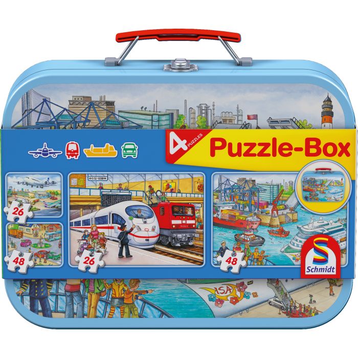 Vorderseite der Verpackung vom Artikel 56508, Verkehrsmittel im Metallkoffer mit 4 Kinderpuzzles (2 x 26 und 2 x 48 Teile) Vorderseite der Verpackung vom Artikel 56508, Verkehrsmittel im Metallkoffer mit 4 Kinderpuzzles (2 x 26 und 2 x 48 Teile)