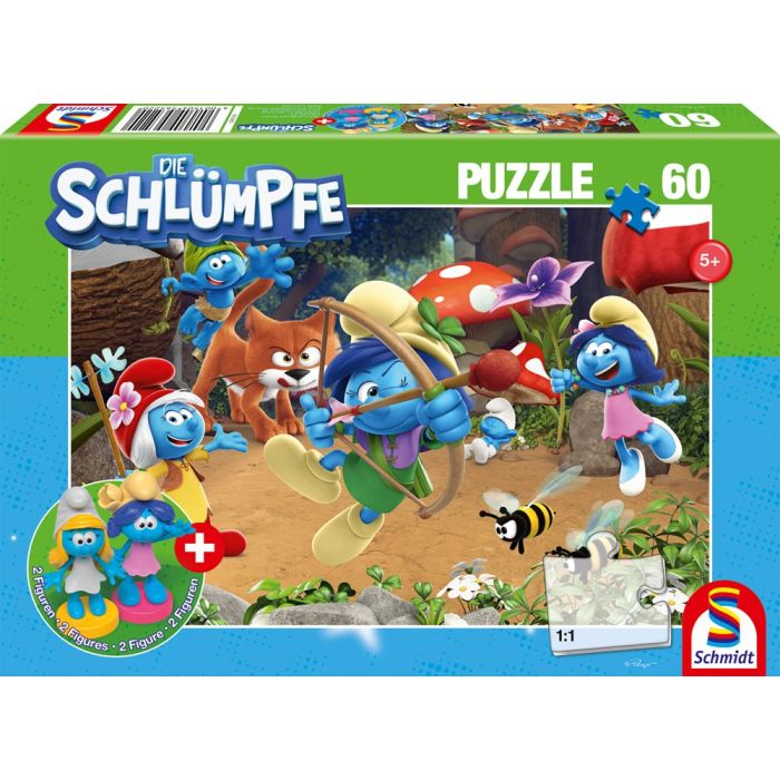 Vorderseite der Verpackung vom Artikel 56522, Die Schlümpfe: Azrael in Schlumpfhausen, 60 Teile Kinderpuzzle mit Add-on
