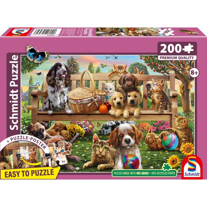 Vorderseite der Verpackung vom Artikel 56534, Gartenpicknick für Hund und Katze, 200 Teile Kinderpuzzle Vorderseite der Verpackung vom Artikel 56534, Gartenpicknick für Hund und Katze, 200 Teile Kinderpuzzle