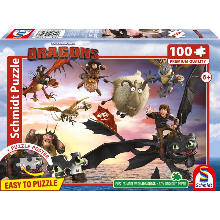 Vorderseite der Verpackung vom Artikel 56547, DRAGONS: Drachenreiter in Aktion, 100 Teile Kinderpuzzle Vorderseite der Verpackung vom Artikel 56547, DRAGONS: Drachenreiter in Aktion, 100 Teile Kinderpuzzle