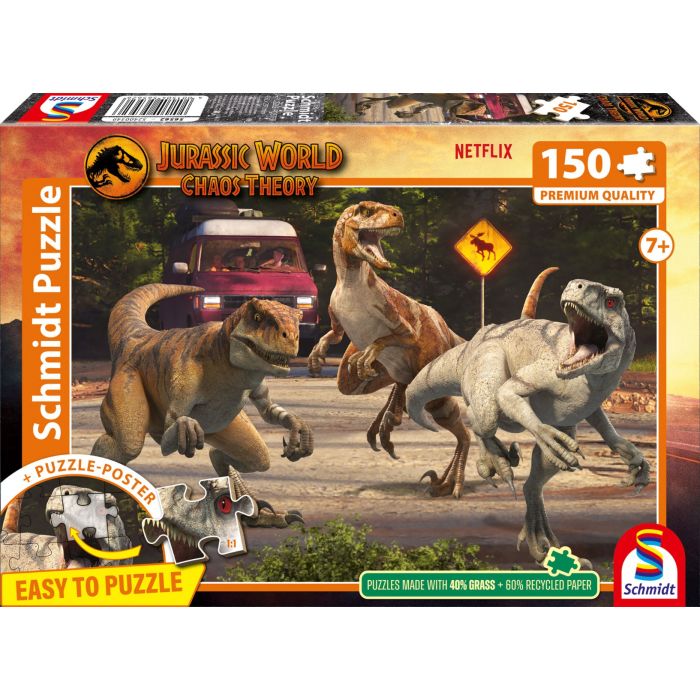 Vorderseite der Verpackung vom Artikel 56562, Jurassic World: Chaos Theory - Angriff der Velociraptoren, 150 Teile Kinderpuzzle