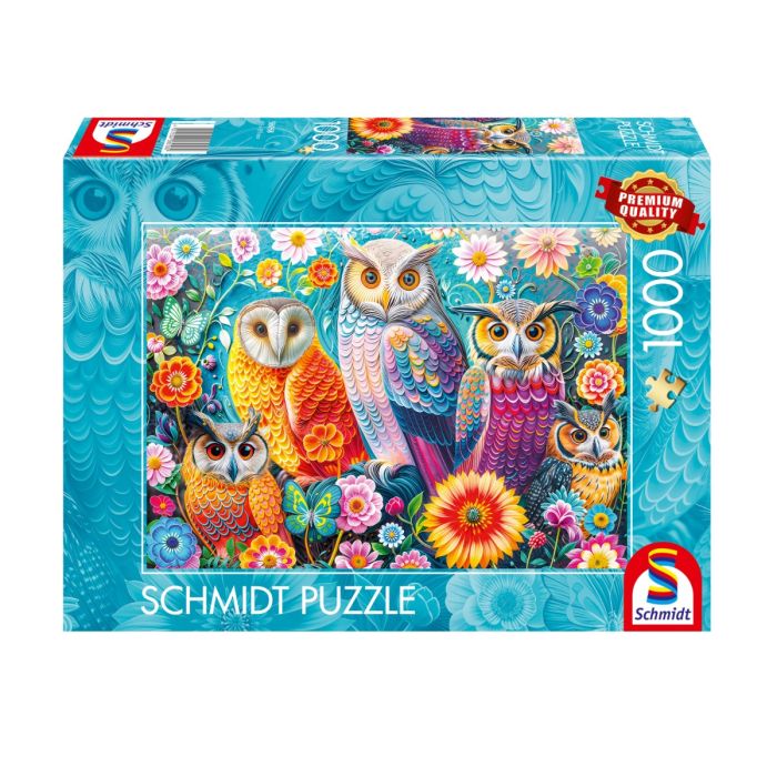 Verpackungsvorderseite aus einem anderen Blickwinkel vom Artikel 58058, Eulen und Blumen, 1.000 Teile Puzzle