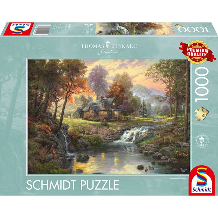 Vorderseite der Verpackung vom Artikel 58445, Thomas Kinkade Studios: Painter of Light - Holzhaus am Bach, 1.000 Teile Puzzle