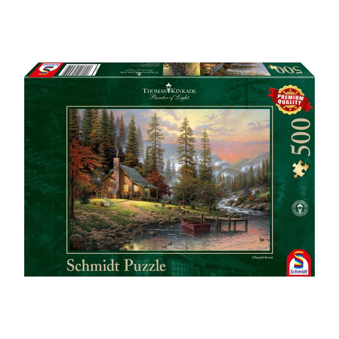 Vorderseite der Verpackung vom Artikel 58455, Thomas Kinkade Studios: Haus in den Bergen, 500 Teile Puzzle