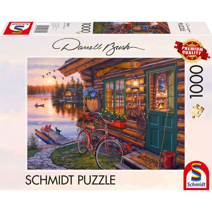 Vorderseite der Verpackung vom Artikel 58531, Darrell Bush: Seehütte mit Fahrrad, 1.000 Teile Puzzle