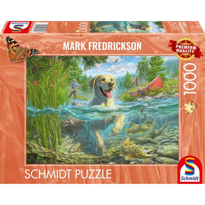 Vorderseite der Verpackung vom Artikel 58557, Mark Fredrickson: Hundeliebe – gelber Labrador auf Fischjagd, 1.000 Teile Puzzle Vorderseite der Verpackung vom Artikel 58557, Mark Fredrickson: Hundeliebe – gelber Labrador auf Fischjagd, 1.000 Teile Puzzle