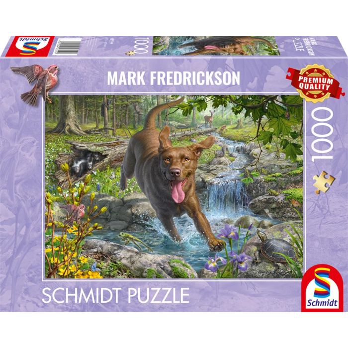 Vorderseite der Verpackung vom Artikel 58559, Mark Fredrickson: Hundeliebe – Frühlingsspaziergang mit Labrador Retriever, 1.000 Teile Puzzle Vorderseite der Verpackung vom Artikel 58559, Mark Fredrickson: Hundeliebe – Frühlingsspaziergang mit Labrador Retriever, 1.000 Teile Puzzle
