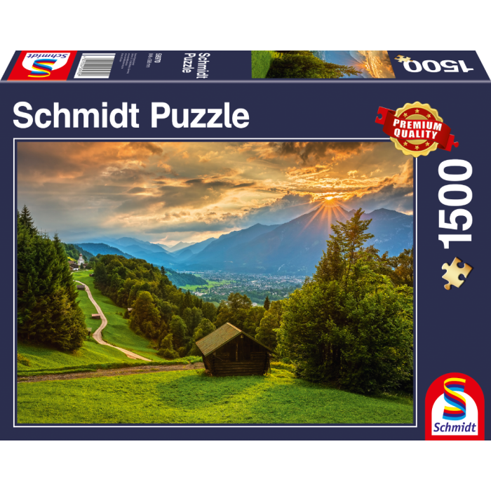 Vorderseite der Verpackung vom Artikel 58970, Sonnenuntergang über dem Bergdorf Wamberg, 1.500 Teile Puzzle