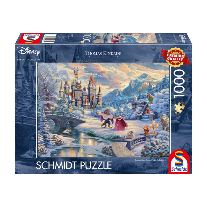 Vorderseite der Verpackung vom Artikel 59671, Thomas Kinkade Studios: Disney, Die Schöne und das Biest, Zauberhafter Winterabend, 1.000 Teile Puzzle