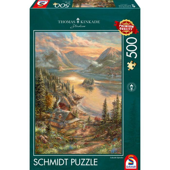 Vorderseite der Verpackung vom Artikel 59710, Thomas Kinkade Studios: Pracht am Seeufer, 500 Teile Puzzle