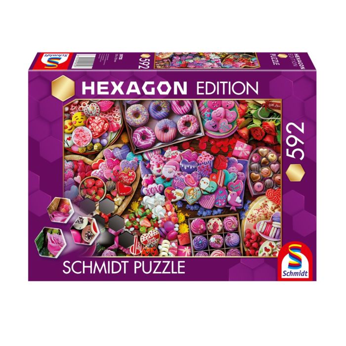 Verpackungsvorderseite aus einem anderen Blickwinkel vom Artikel 59720, Hexagon Edition: Lieblingsleckereien, 592 Teile Puzzle-Challenge Verpackungsvorderseite aus einem anderen Blickwinkel vom Artikel 59720, Hexagon Edition: Lieblingsleckereien, 592 Teile Puzzle-Challenge