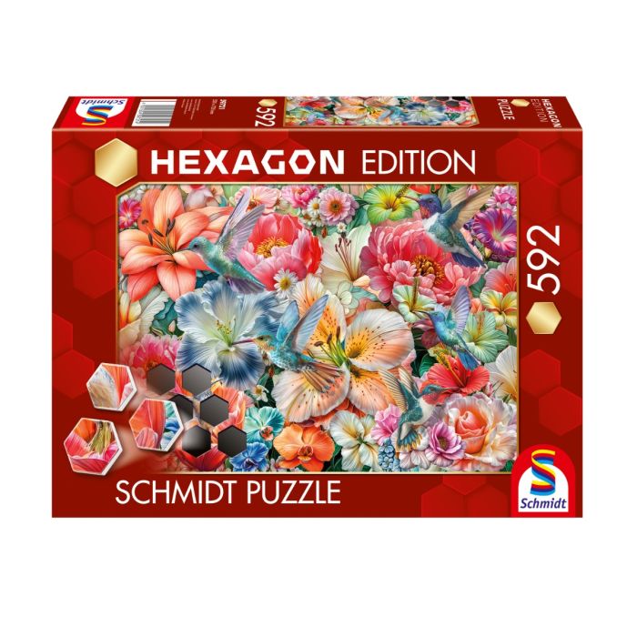 Verpackungsvorderseite aus einem anderen Blickwinkel vom Artikel 59721, Hexagon Edition: Große Blüten, 592 Teile Puzzle-Challenge