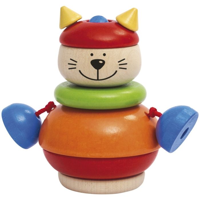 Weiteres Spielmaterial vom Artikel 62042, Stapelkater Karlo, Sortier-und Steckspiel, verschiedene Formen mit Klapperkugeln aus Holz, 10 cm