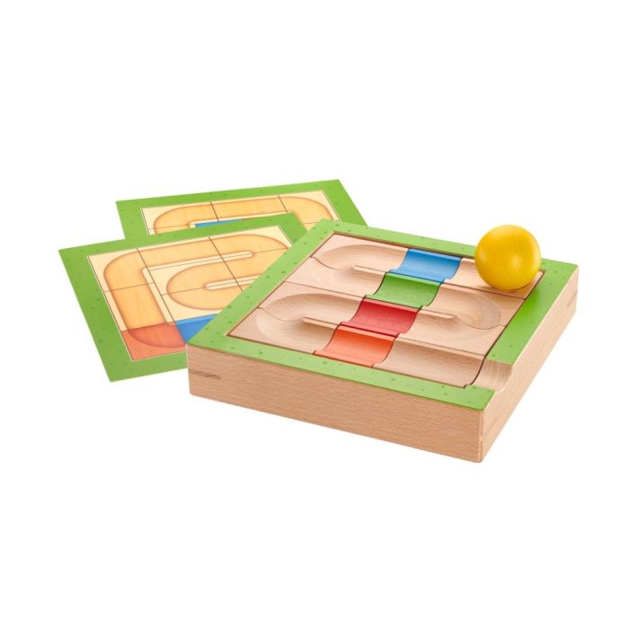 Spielmaterial vom Artikel 62103, Labirinto, knifflige Kugelbahn mit verschiedenen Teile aus Holz, 16 Teile