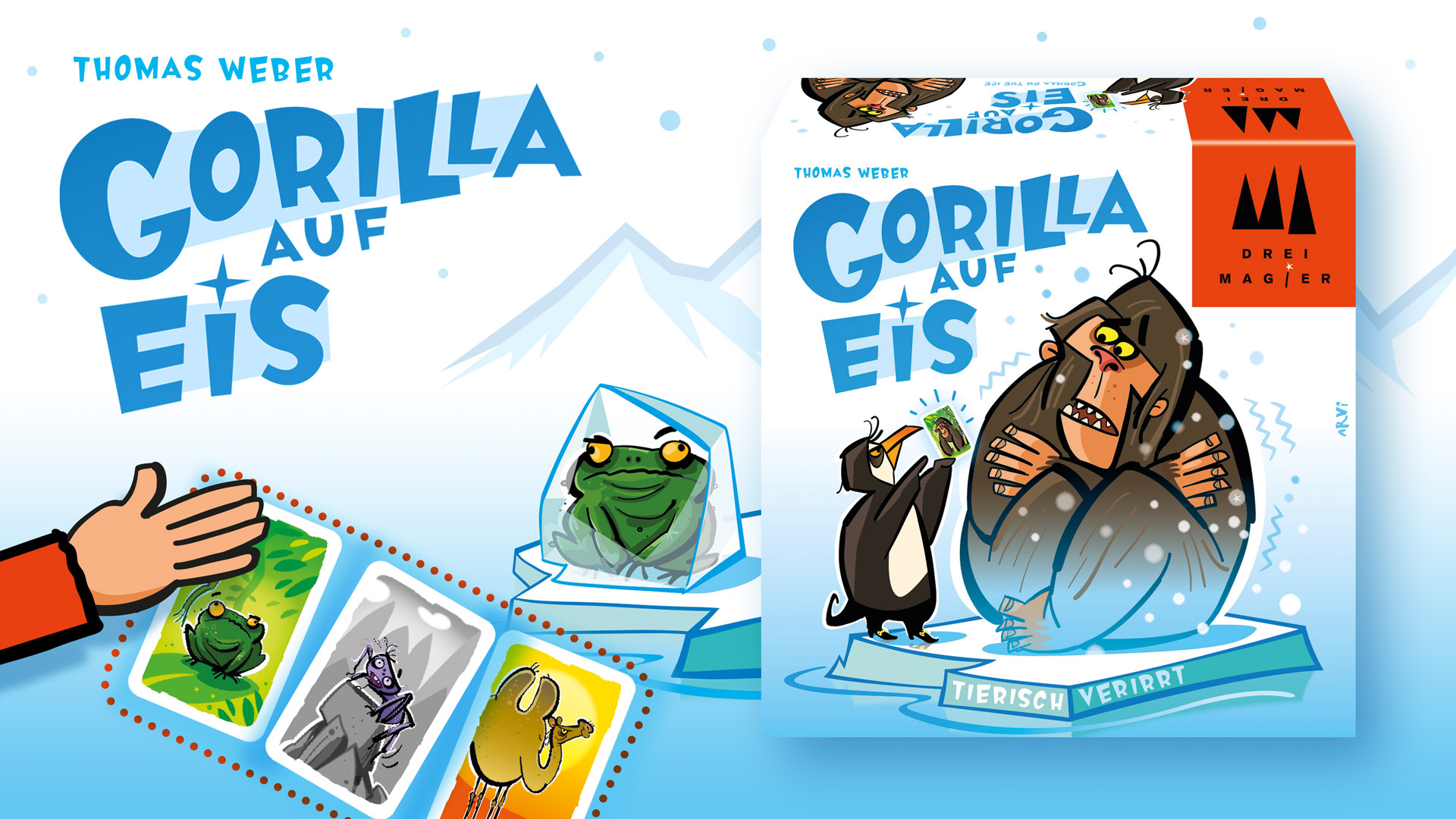 Werbebanner zum Spiel „Gorilla auf Eis“ von Drei Magier mit Gorilla, Pinguin und Tierkarten.