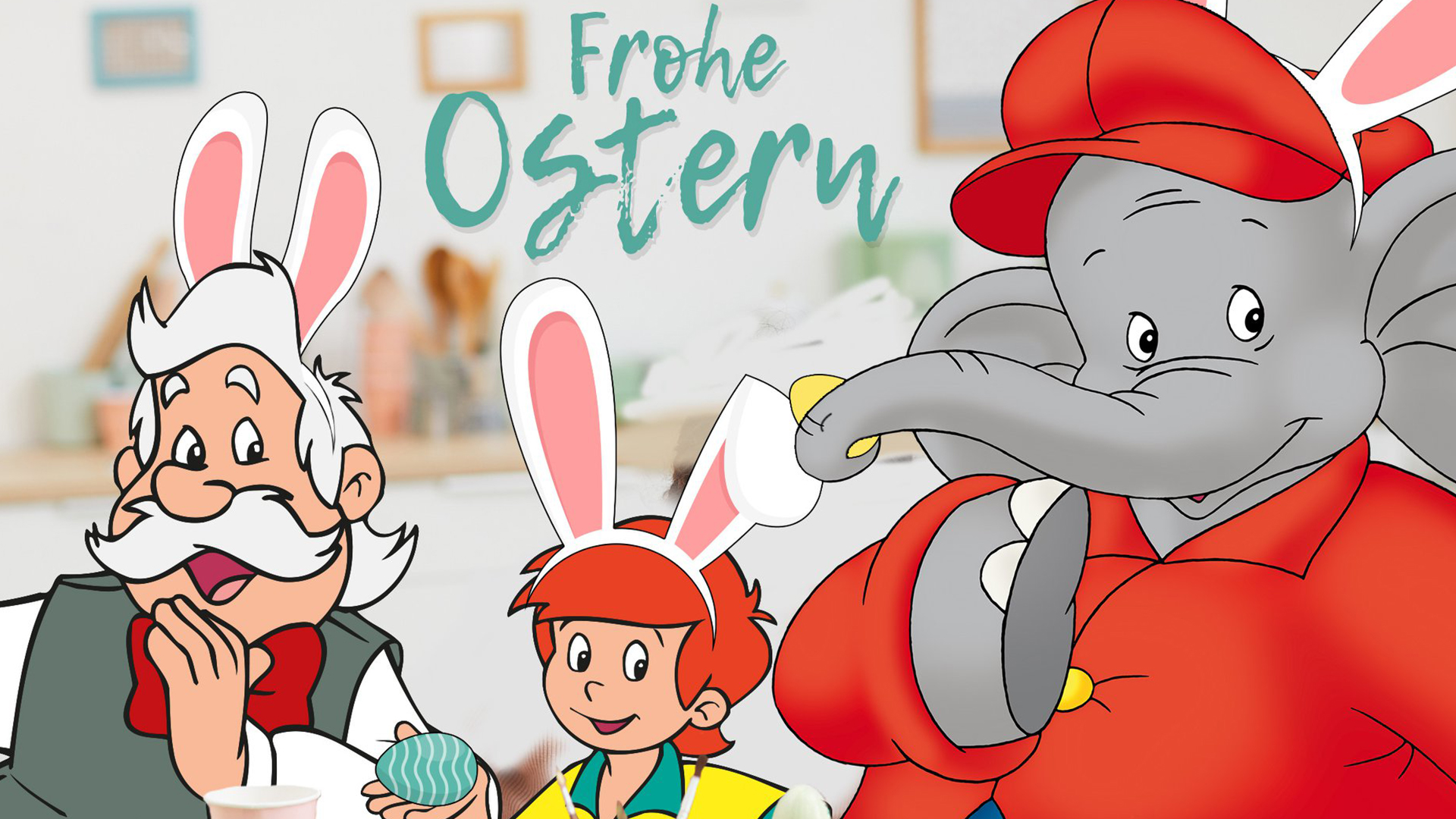 Benjamin Bl&uuml;mchen Illustration: Frohe-Ostern-Schriftzug, Elefant mit roter Kappe, Kind und &auml;lterer Mann mit Hasenohren und Ei.