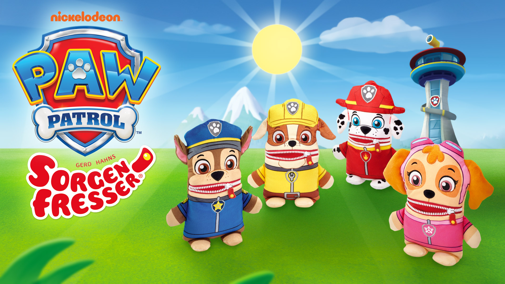 Werbebanner: Paw Patrol Sorgenfresser mit Chase, Rubble, Marshall und Skye als Plüschfiguren.
